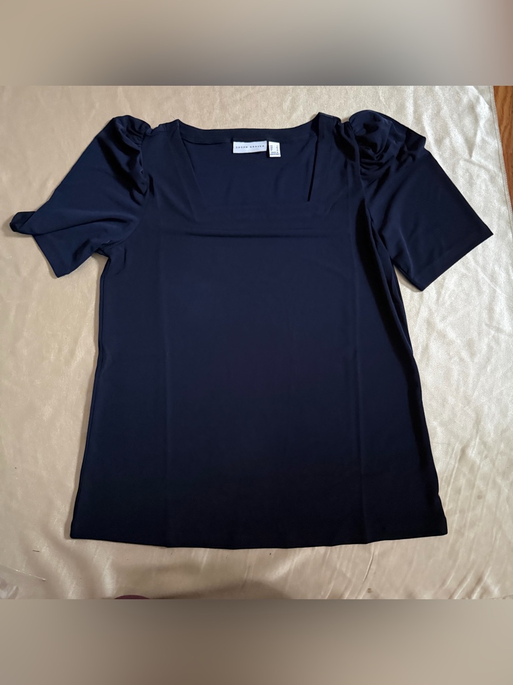 Susan Graver Liquid Knit Square Neck Top with Elbow Puff Sleeves Small A643043
